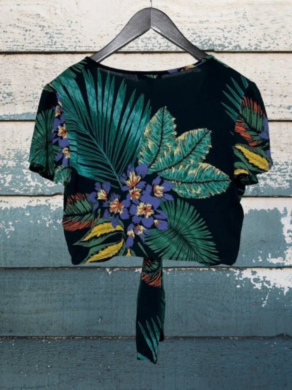 Multicolor Tropical Palm Flutter Sleeve Tie Front Top S - Picture 3 of 11